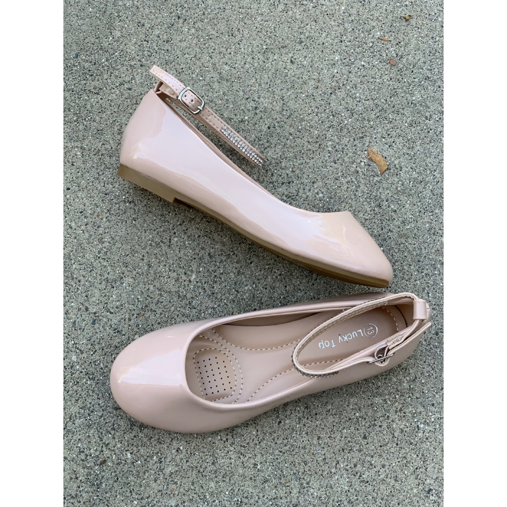 Kids Beige Patent Rhinestone Strap Ballet Flats
